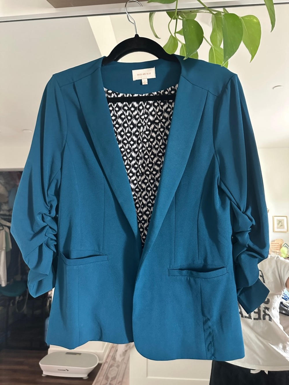 Skies Are Blue Teal Open-Front Ruched Sleeve Blazer S